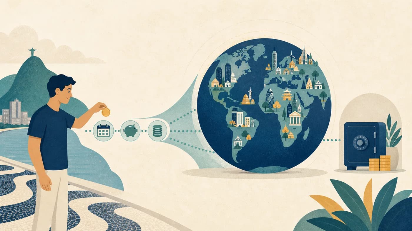 Ilustração de um investidor brasileiro fazendo aportes regulares em uma carteira global diversificada