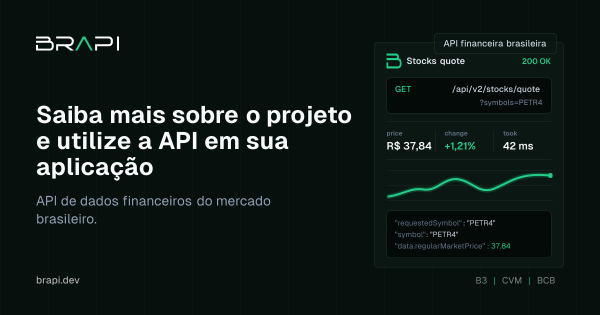 Saiba mais sobre o projeto e utilize a API em sua aplicação | FAQ brapi.dev